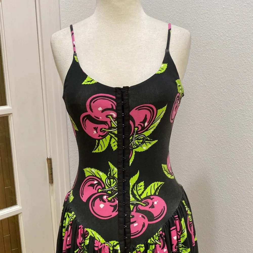 Vintage ๐ 80s Y2k Betsey Johnson Punk Label Archive Cherry Cotton-Lycra Dress - Picture 3 of 9